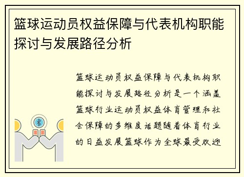 篮球运动员权益保障与代表机构职能探讨与发展路径分析