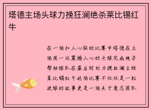 塔德主场头球力挽狂澜绝杀莱比锡红牛